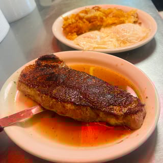 New York Strip Steak 12 Oz and Eggs