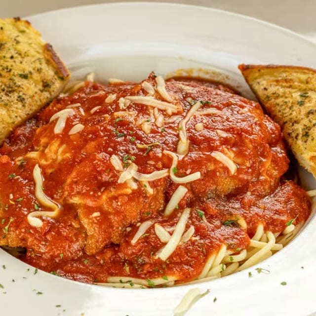 Chicken Parmesiana with Spaghetti.